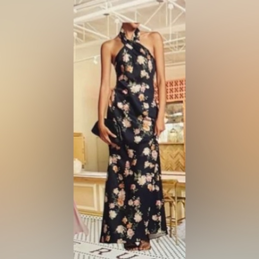Anthropologie BHLDN Ruby Twist Halter Satin Gown Dress Navy blue